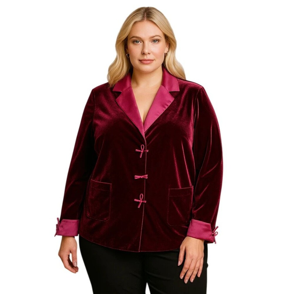 Coldwater Creek Velvet Blazer Plus Size 20W Burgundy Satin Collar Ornate Buttons